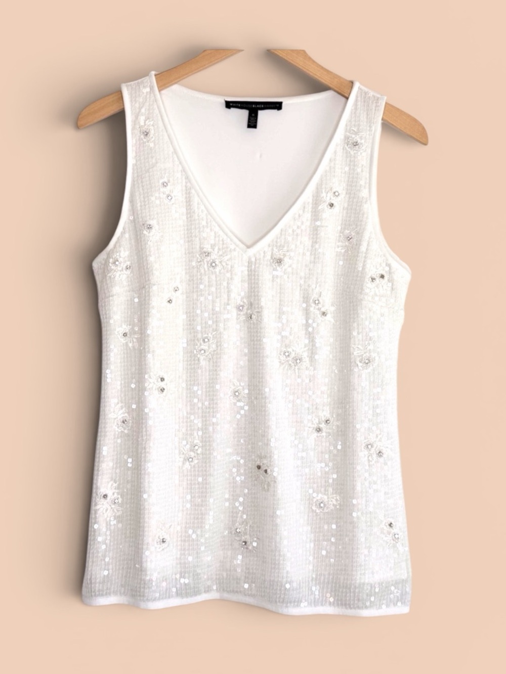 White House Black Market Embellished Floral Sequin Overlay Tank in Ivory Size S